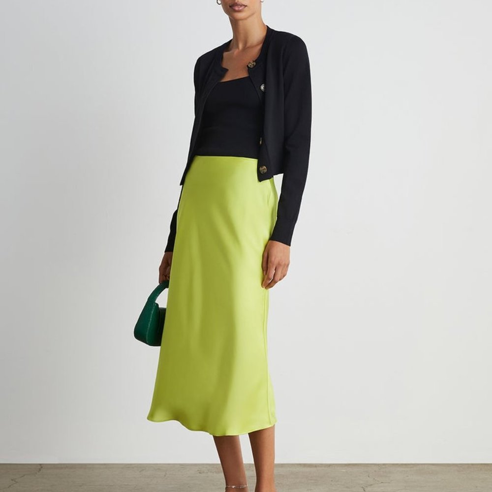 COPY - Rachel Zoe Chartreuse Satin Slip Style Midi Skirt